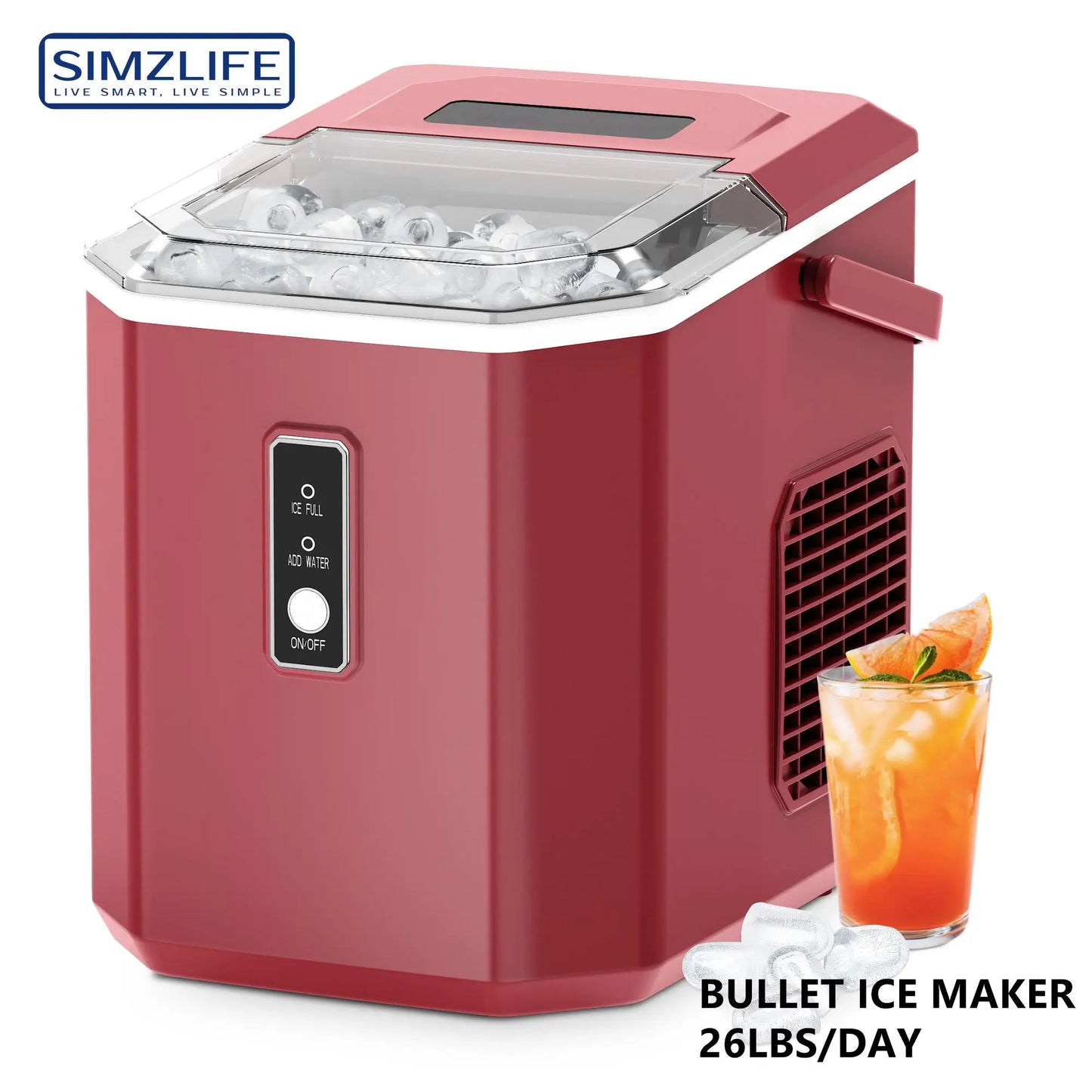 SIMZLIFE Countertop Ice Maker | 9 Cubes in 6 Mins, 26.5lbs/Day | Red