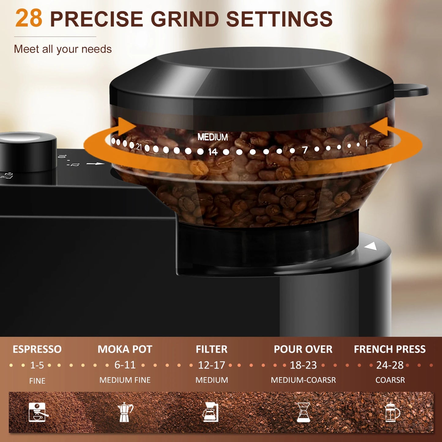 Electric Burr Mill Coffee Grinder With 28 Settings Cup