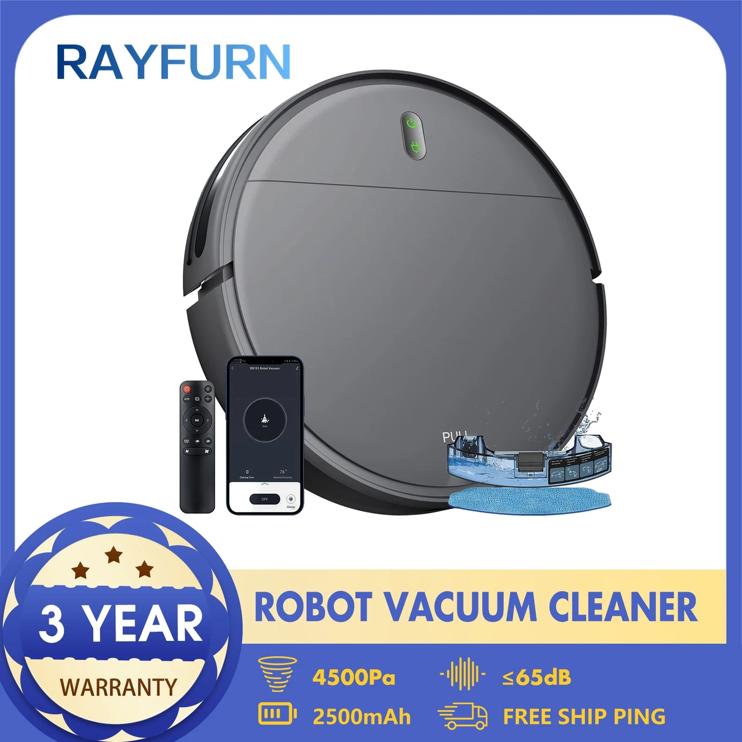 Rayfurn BR151 2-in-1 Slim Robot Vacuum & Mop with App Control
