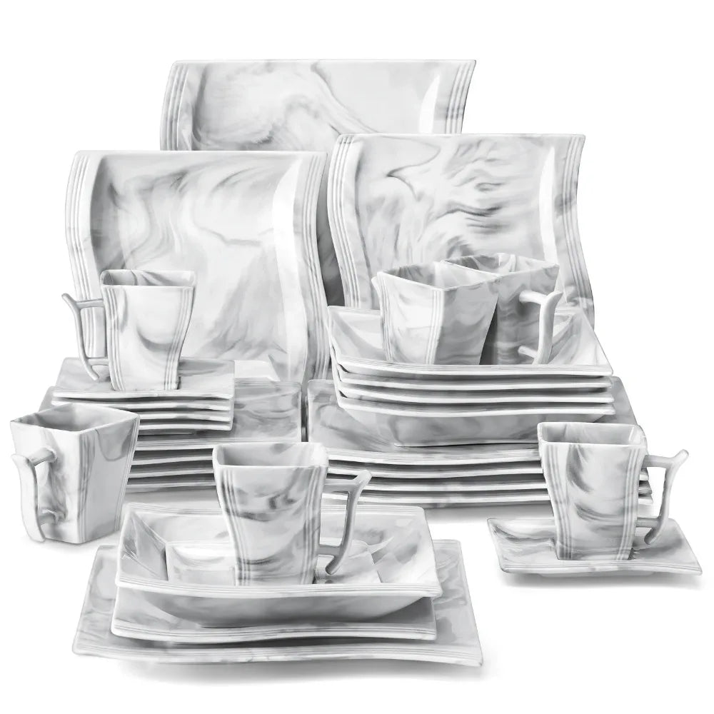 Elegant Marble Dinnerware Set - 30-Piece Porcelain Tableware