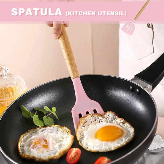 12-Piece Pink Silicone Kitchen Utensil Set with Wooden Handles