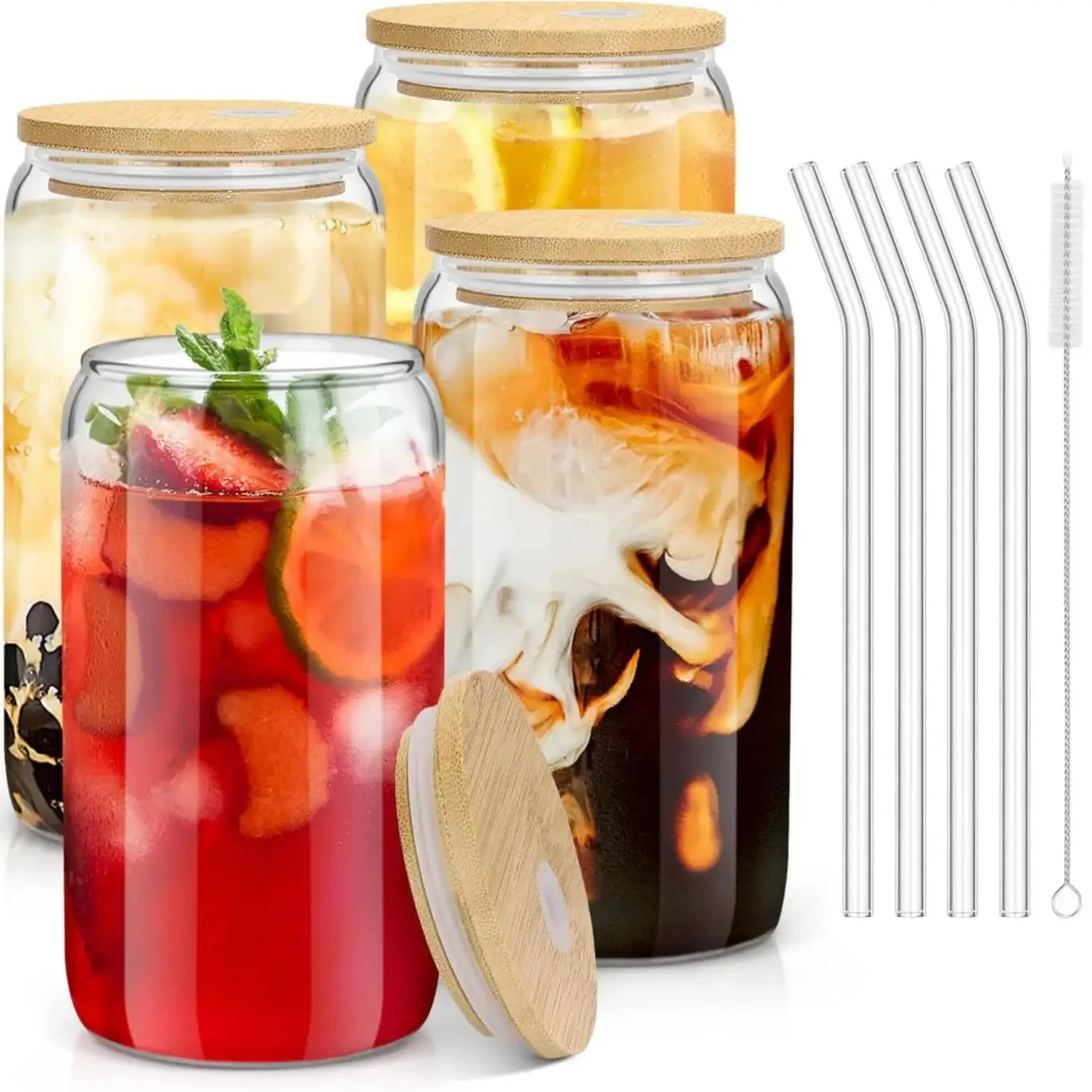 4Pcs Stylish Glass Cup Set with Bamboo Lids & Straws