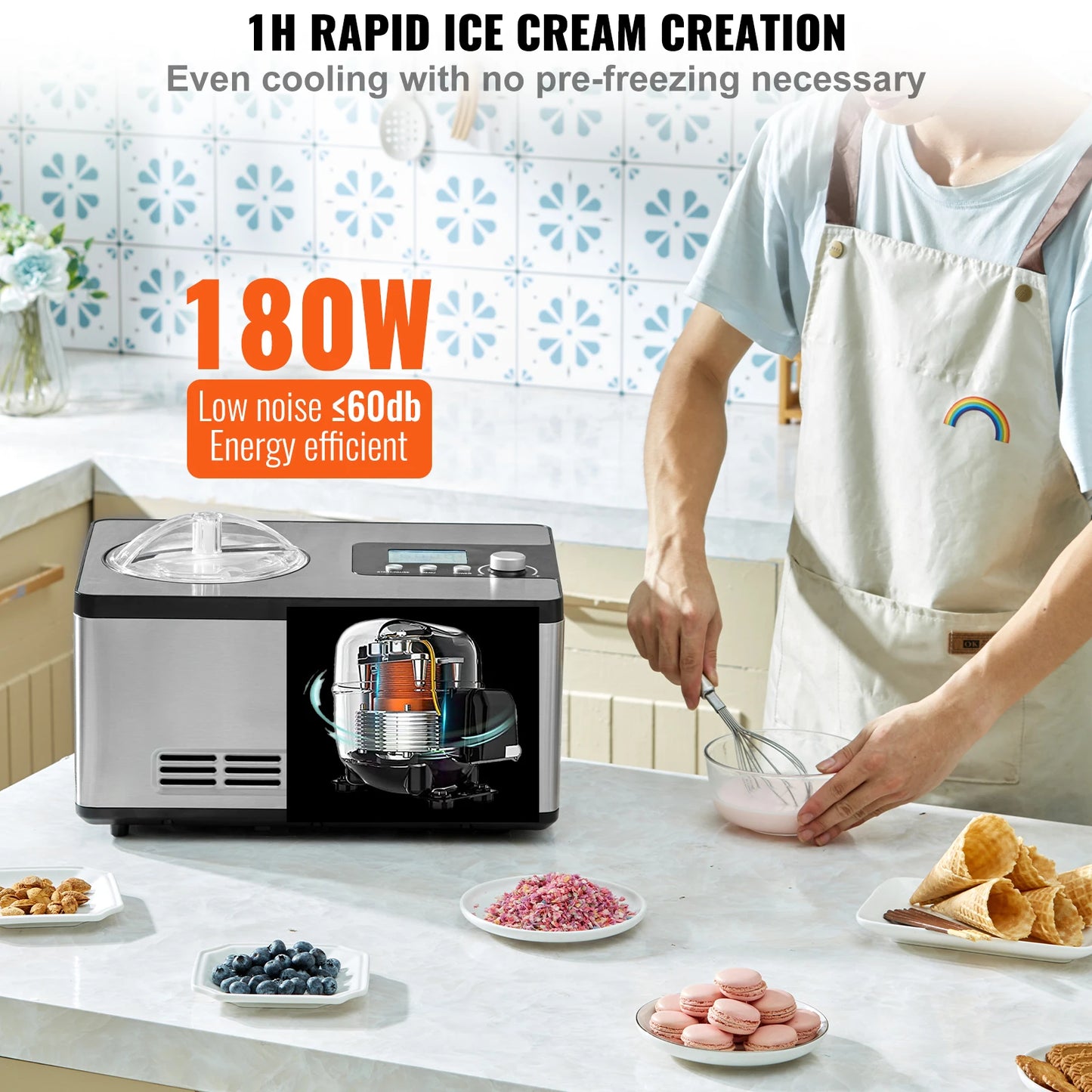2 Quart Automatic Ice Cream Maker with Compressor | Make Gelato, Sorbet & Frozen Yogurt in 1 Hour - No Pre-Freezing!