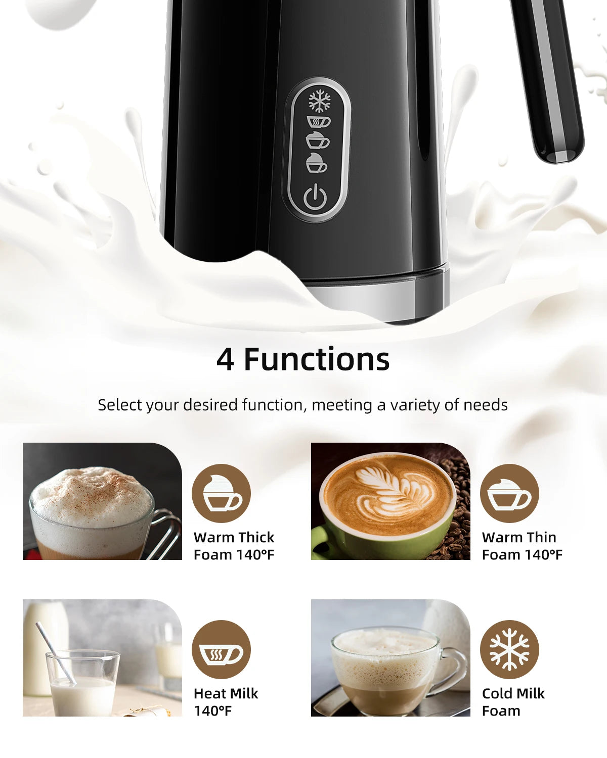 BioloMix 4-in-1 Electric Milk Frother for Hot & Cold Foam