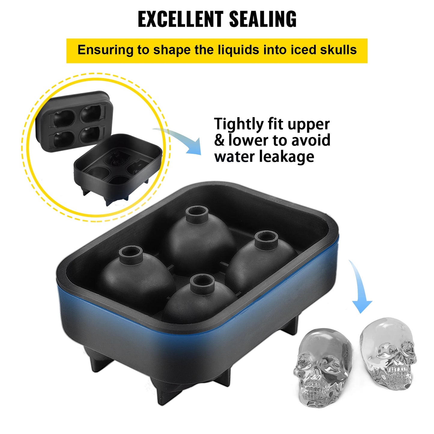 VEVOR Skull Ice Cube Tray – 3D Skull Mold Silicone Ice Ball Maker | 4/6 Grid Food-Grade Tray with Funnel for Whiskey, Cocktails & Parties