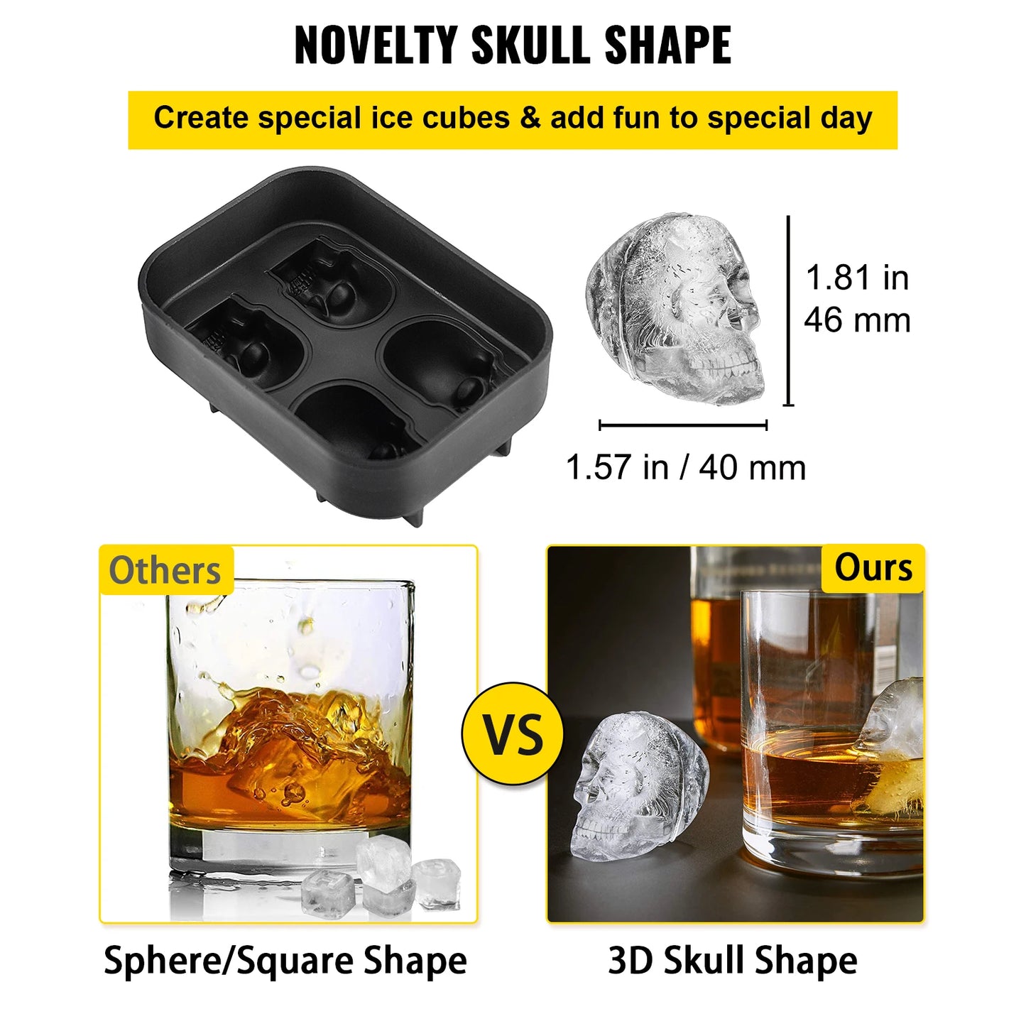 VEVOR Skull Ice Cube Tray – 3D Skull Mold Silicone Ice Ball Maker | 4/6 Grid Food-Grade Tray with Funnel for Whiskey, Cocktails & Parties