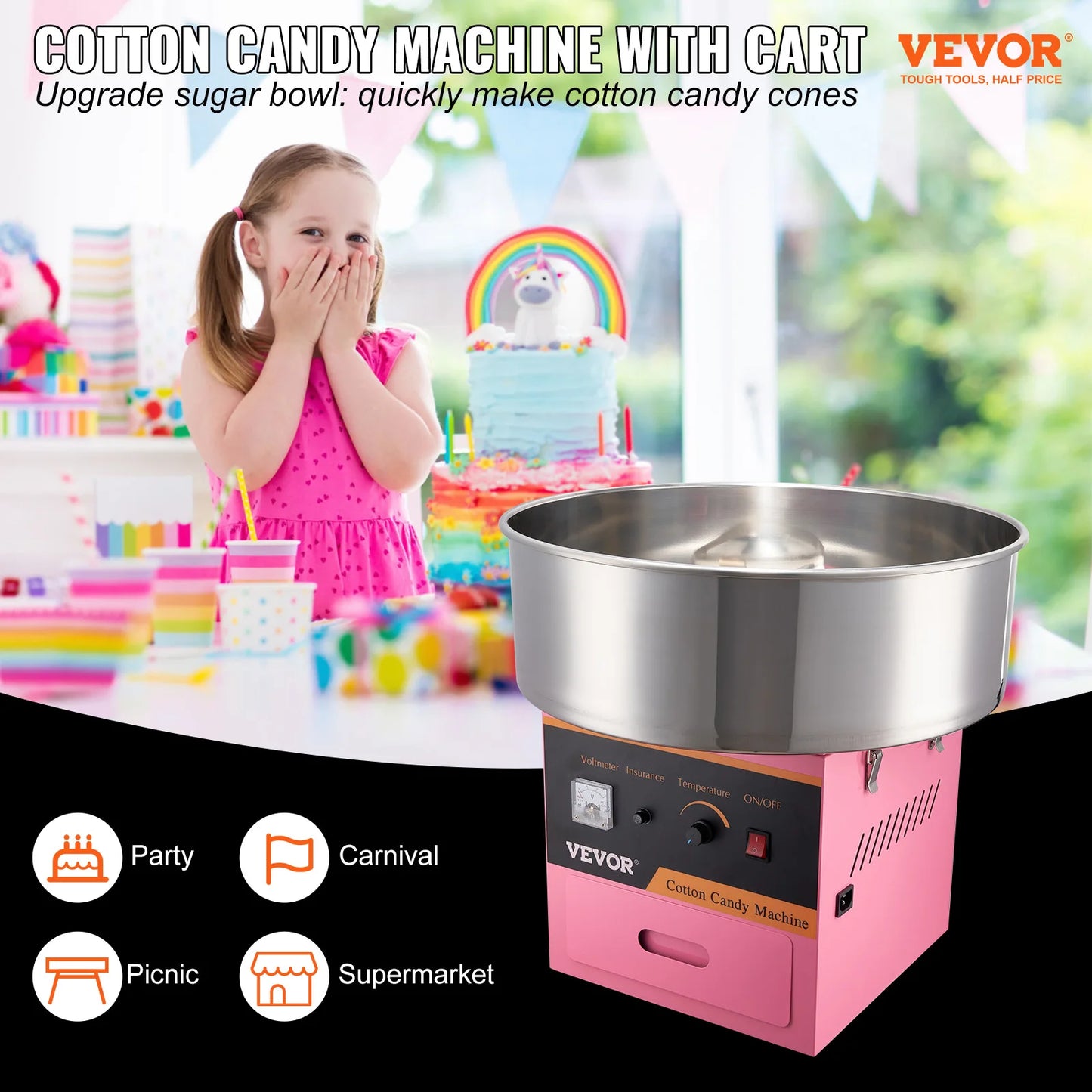 VEVOR Commercial Cotton Candy Machine, 1050W Electric Floss Maker with Temp Control & Stainless Steel Bowl