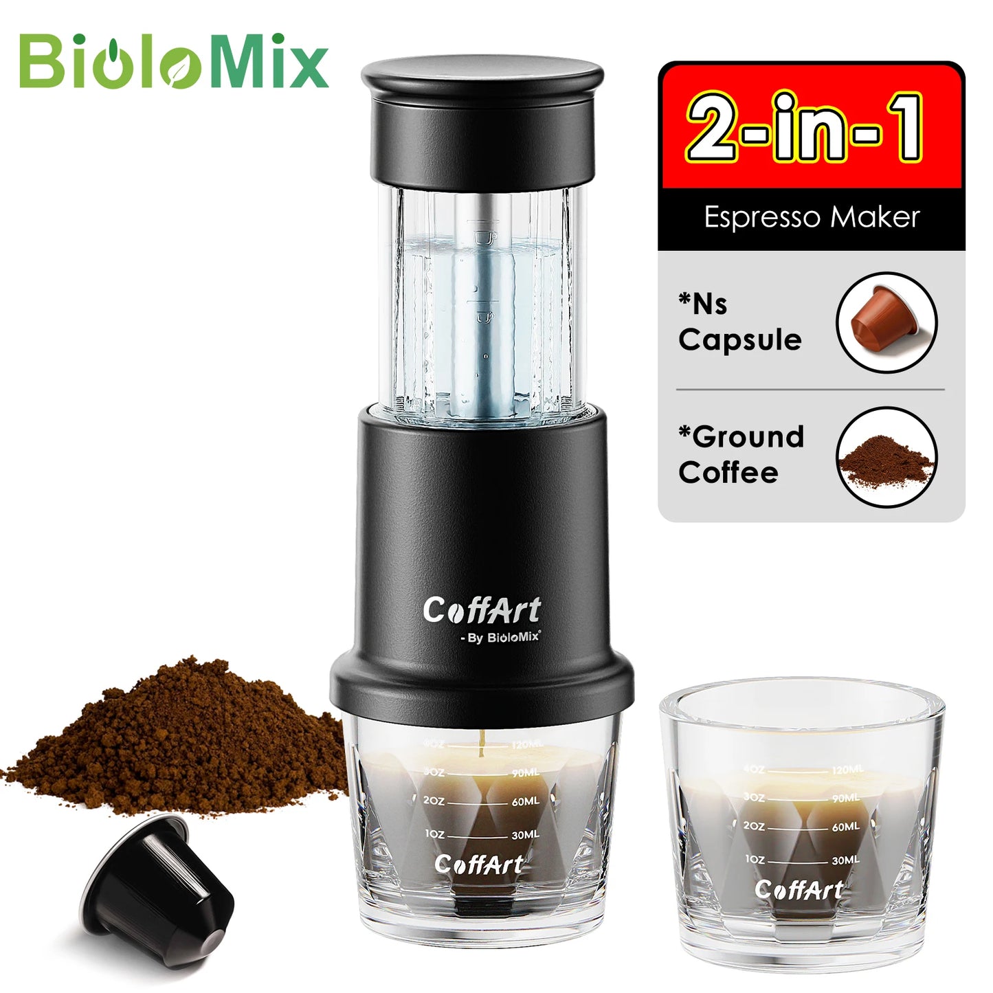 2-in-1 Portable Espresso Maker | Manual Coffee Press for Nespresso Capsules & Ground Coffee - Perfect for Travel & Camping