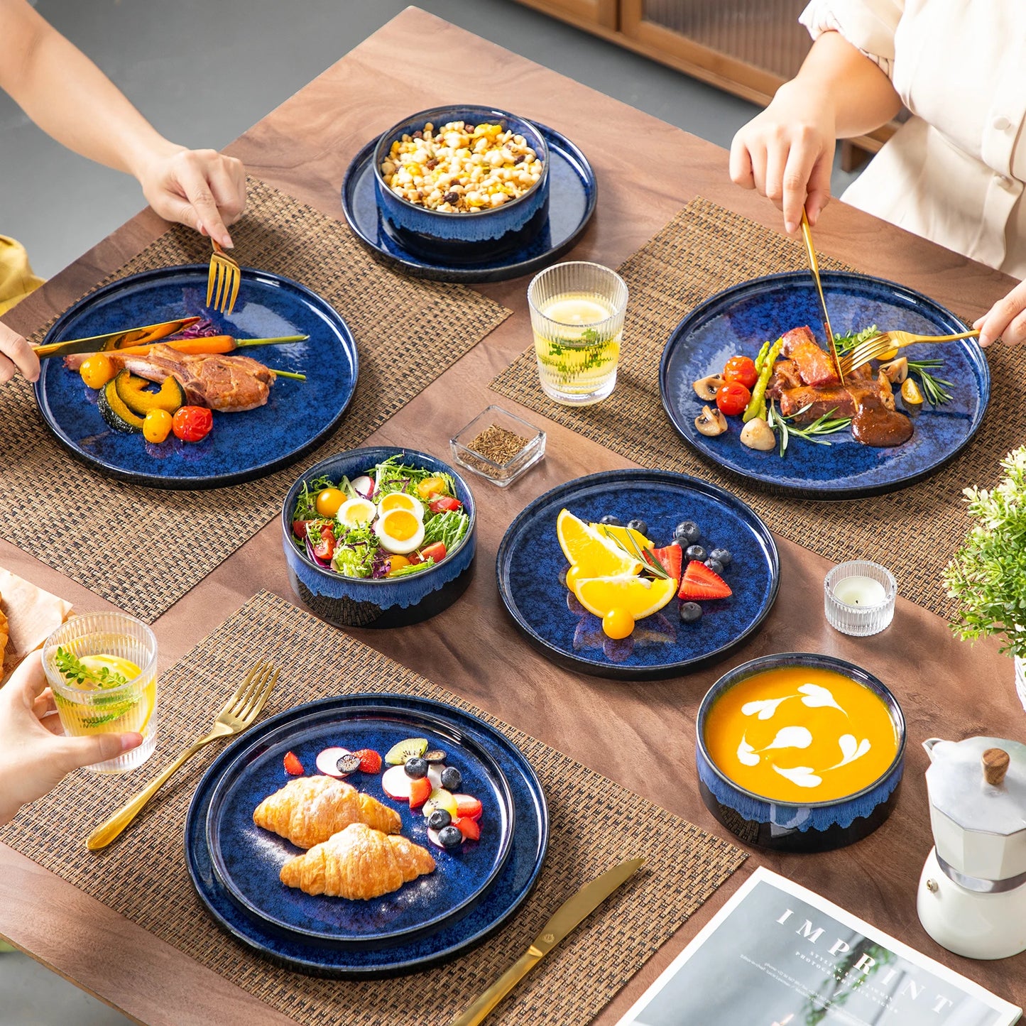 Elegant Blue Reactive Glaze Dinnerware Set - 12, 24, or 36 Pieces