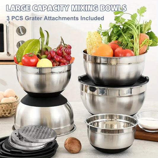 8-Piece Stainless Steel Mixing Bowl Set with Airtight Lids & Graters
