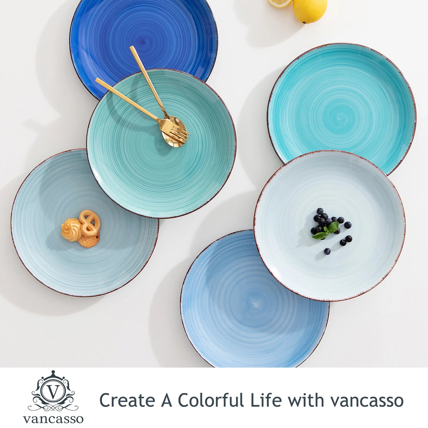 vancasso Bonita Blue 10.4 inch Dinner Plate Set of 6, Handpainted Big Plate Set in Rustic Look, 26.5cm Serving Plate for Dinner/