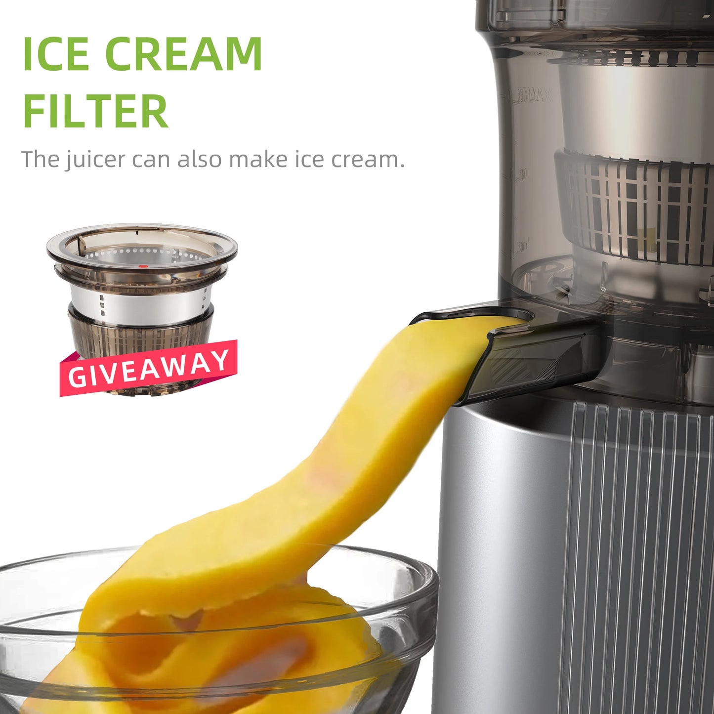 BioloMix Slow Masticating Juicer – Powerful 200W, 75mm Wide Feed Chute, Easy Clean, Ice Cream Maker
