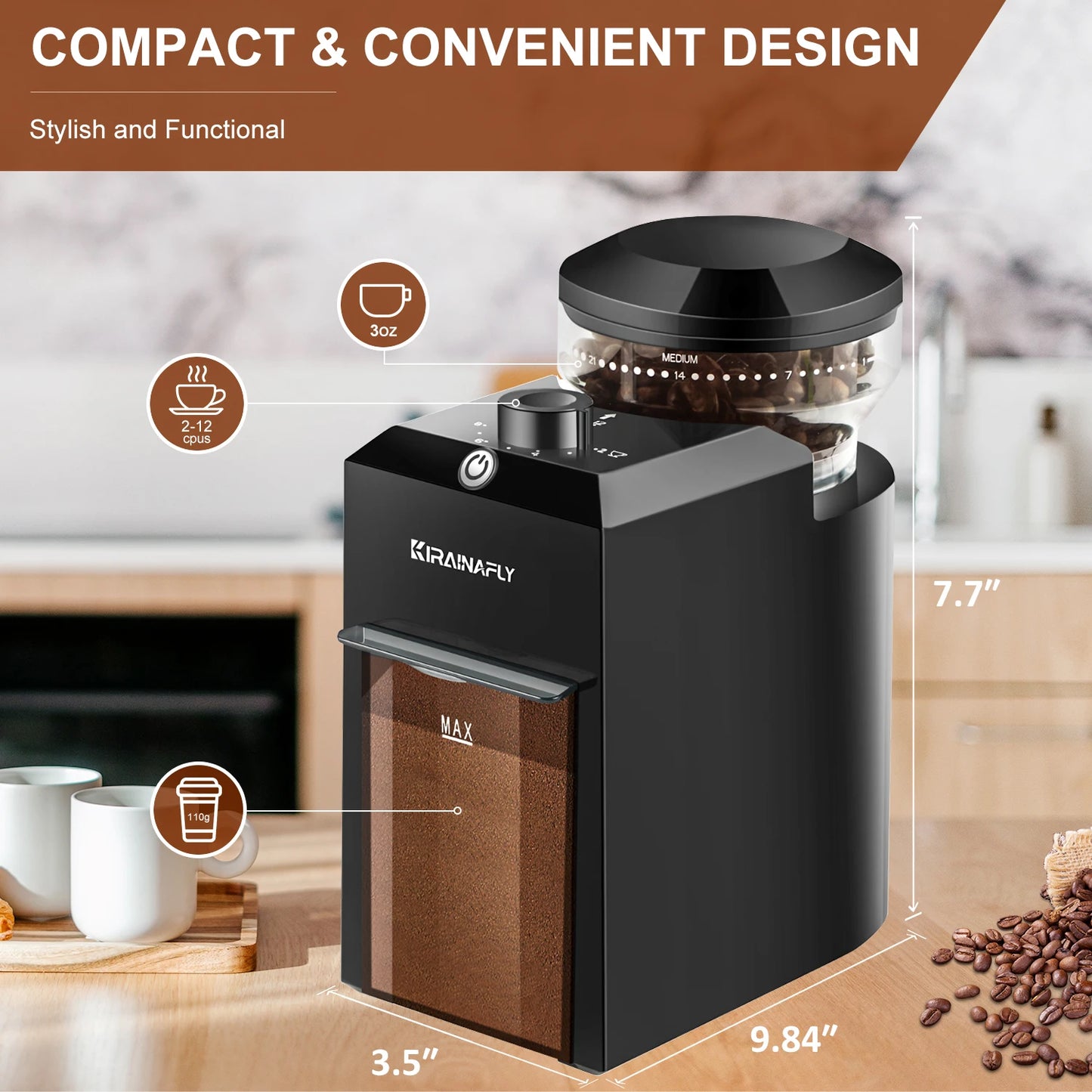 Electric Burr Mill Coffee Grinder With 28 Settings Cup