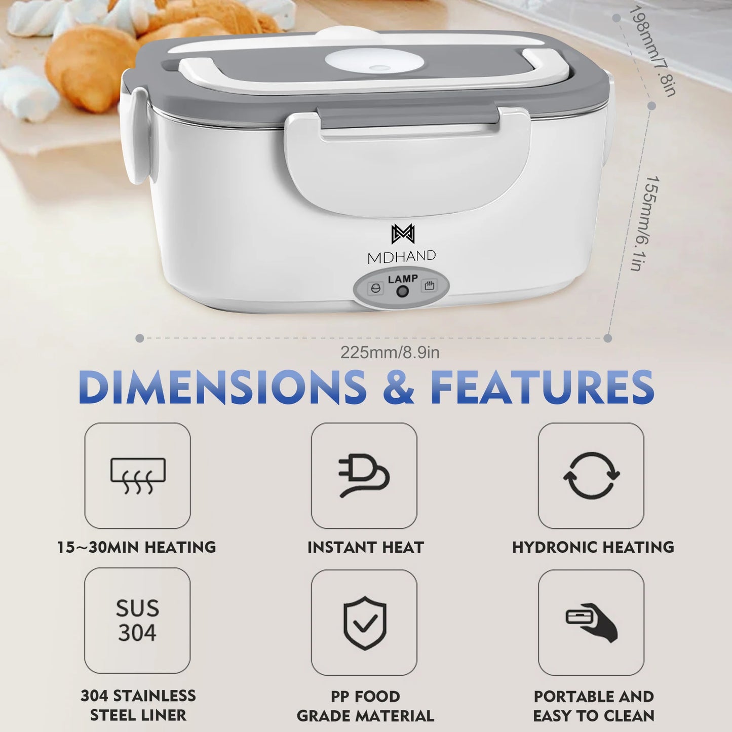 Portable Electric Lunch Box Warmer - 65W Fast Heating, 1.5L Stainless Steel