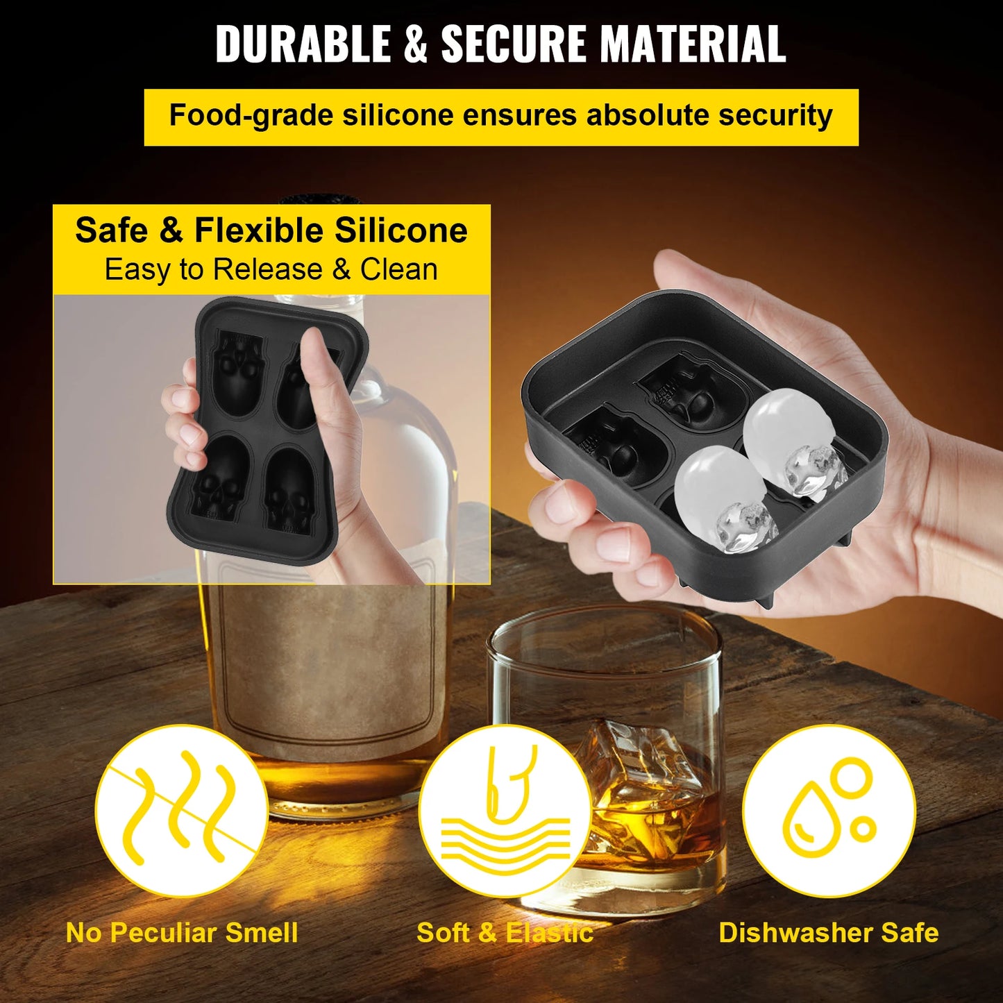 VEVOR Skull Ice Cube Tray – 3D Skull Mold Silicone Ice Ball Maker | 4/6 Grid Food-Grade Tray with Funnel for Whiskey, Cocktails & Parties