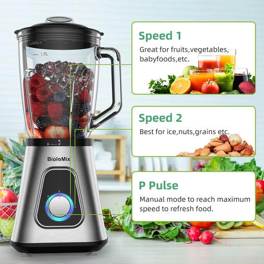 BioloMix Powerhouse 1300W Blender: 2-in-1 Smoothie Maker with Glass Jar