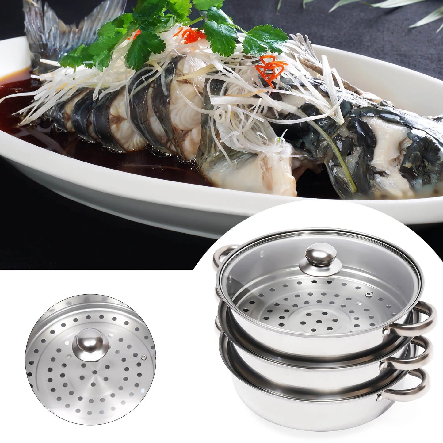 3-Tier Stainless Steel Steamer: 28cm Multi-Purpose Cooker