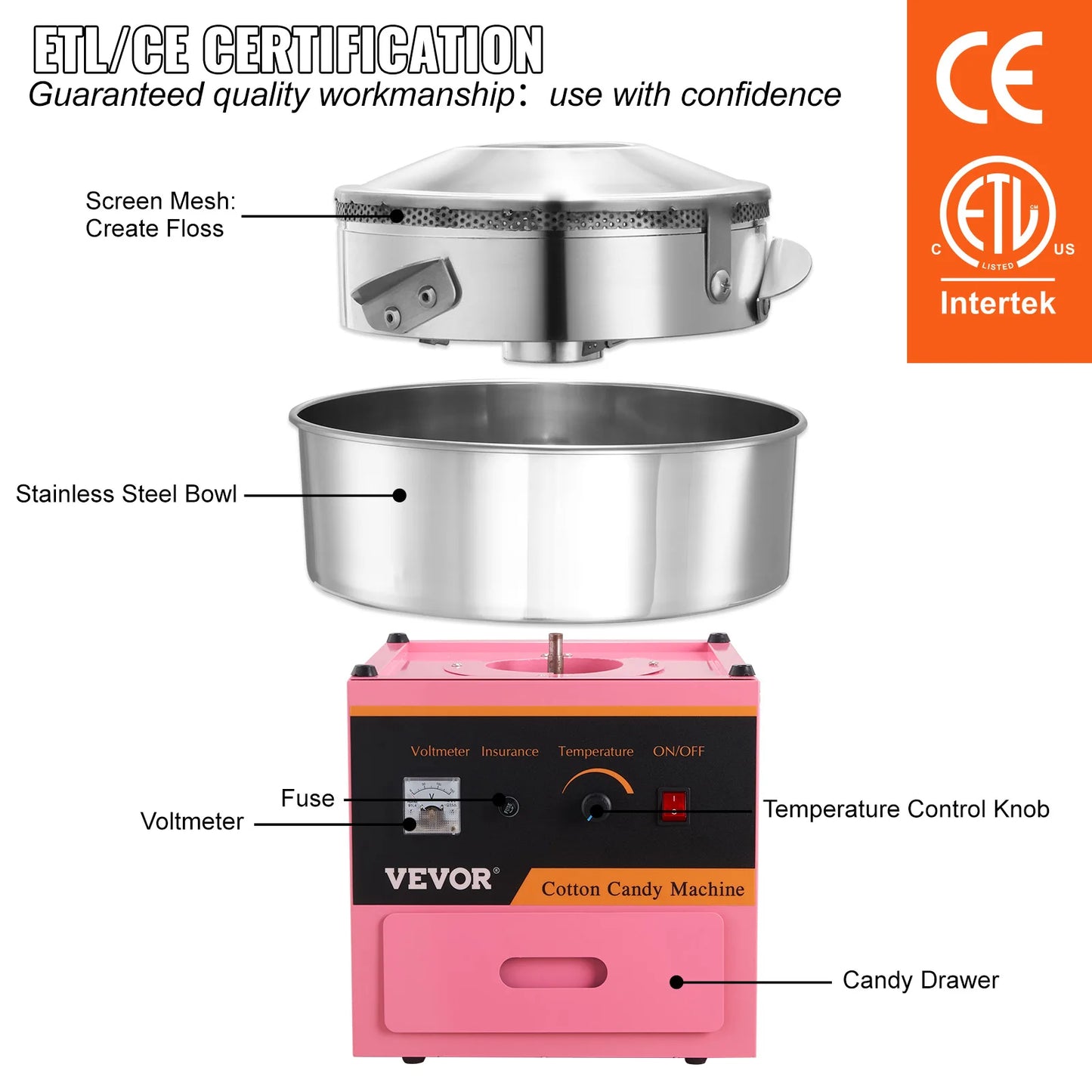 VEVOR Commercial Cotton Candy Machine, 1050W Electric Floss Maker with Temp Control & Stainless Steel Bowl