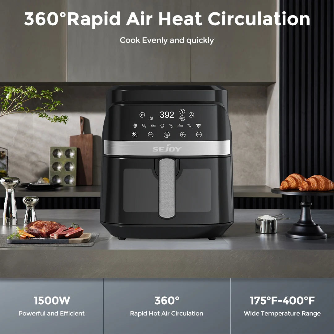 Sejoy 6 Quart 8-in-1 Air Fryer Oven with Viewing Window | 1500W Digital Oilless Cooker