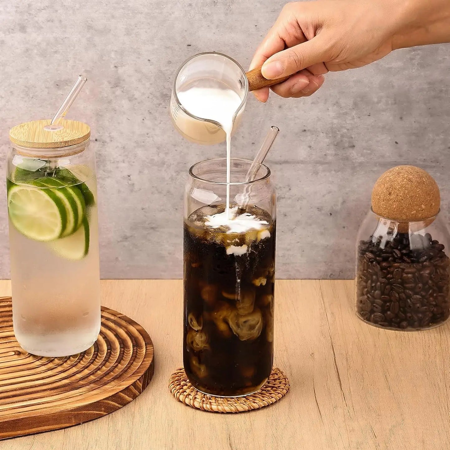 4Pcs Stylish Glass Cup Set with Bamboo Lids & Straws