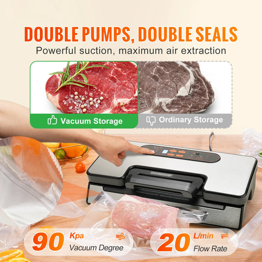 Professional 90KPA Vacuum Sealer Machine | Commercial-Grade Food Saver with Double Seal for Dry & Moist Foods