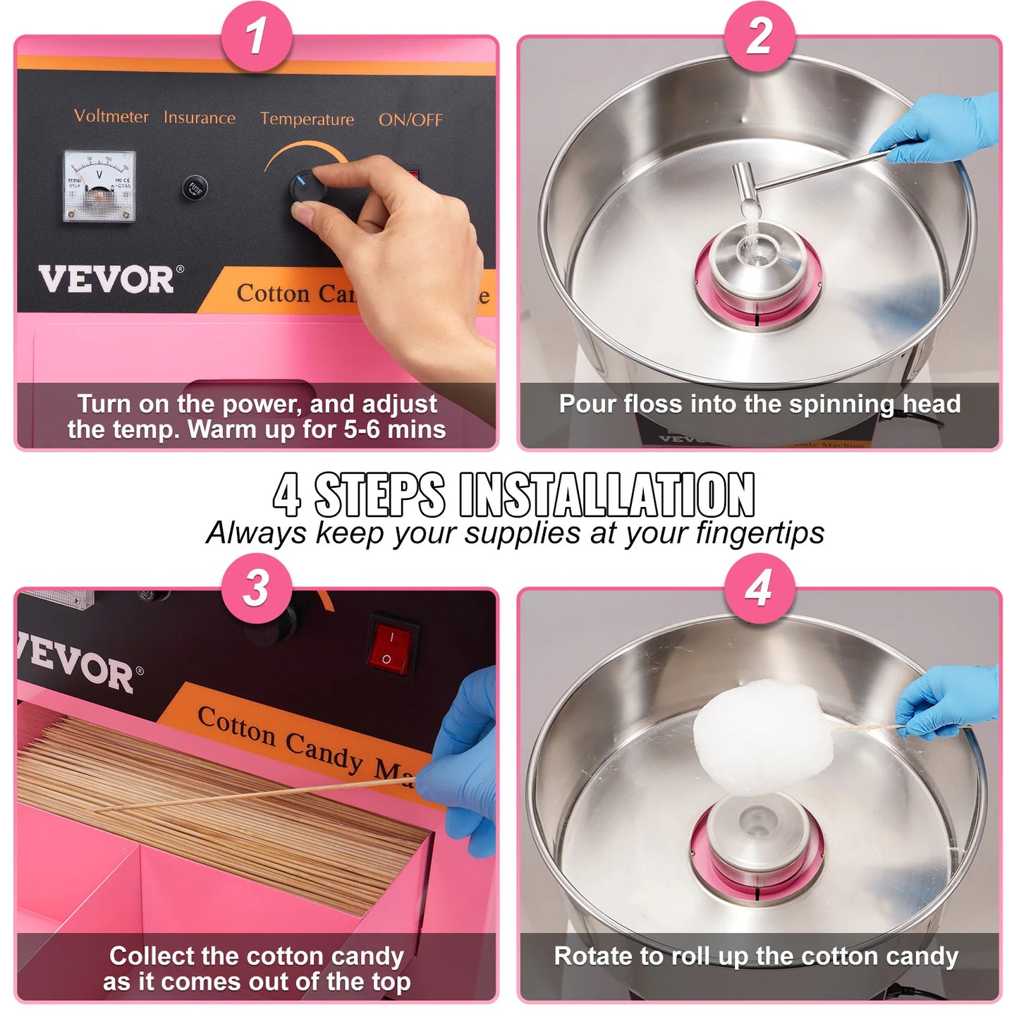 VEVOR Commercial Cotton Candy Machine, 1050W Electric Floss Maker with Temp Control & Stainless Steel Bowl