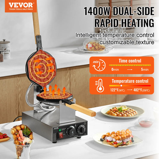 Professional 1400W Bubble Waffle Maker - Electric Non-Stick Egg Puff & Hong Kong Waffle Iron with 180° Rotation