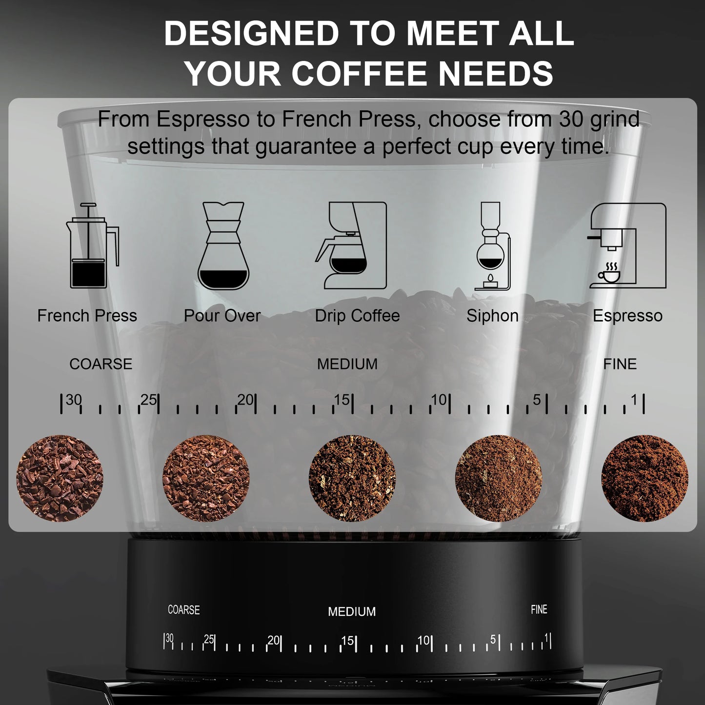 CoffArt Electric Conical Burr Grinder | 30 Settings for Espresso, Drip & French Press