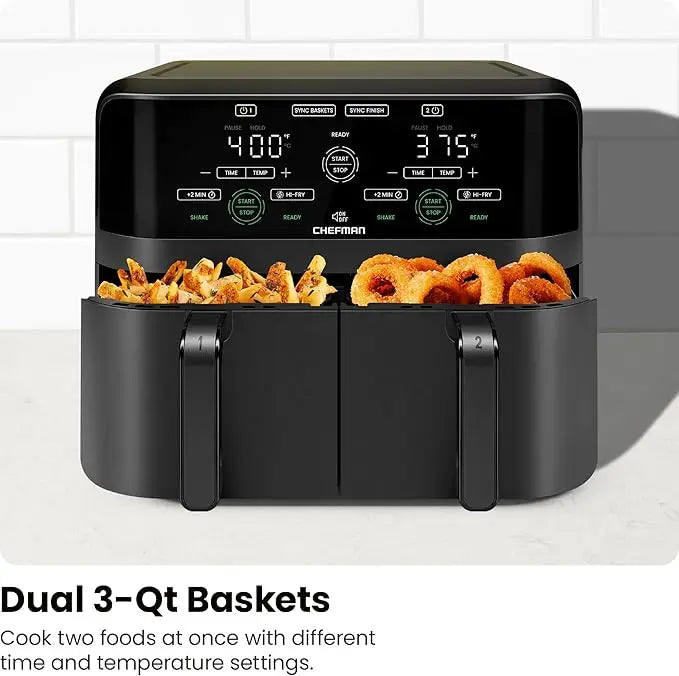 Dual Basket Air Fryer - 6 Quart Capacity, Extra Crispy Finish