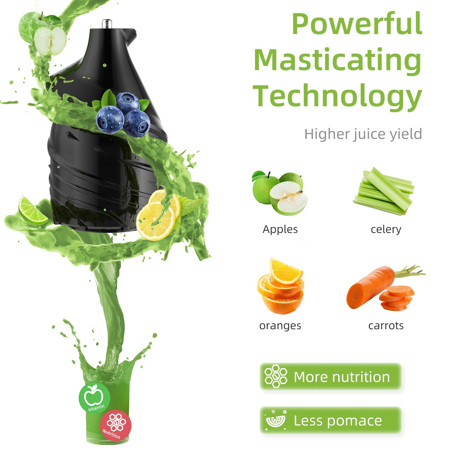 BioloMix Slow Masticating Juicer – Powerful 200W, 75mm Wide Feed Chute, Easy Clean, Ice Cream Maker