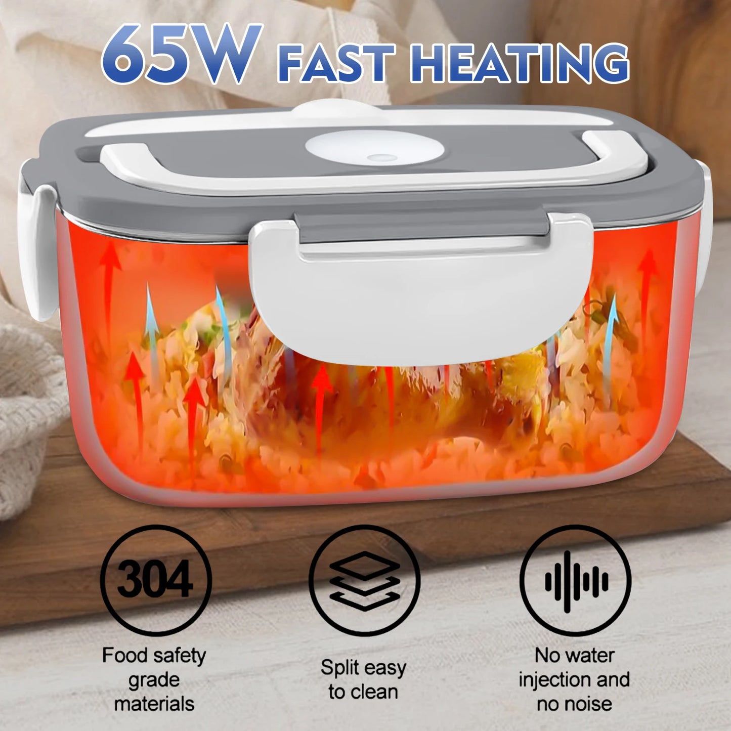 Portable Electric Lunch Box Warmer - 65W Fast Heating, 1.5L Stainless Steel