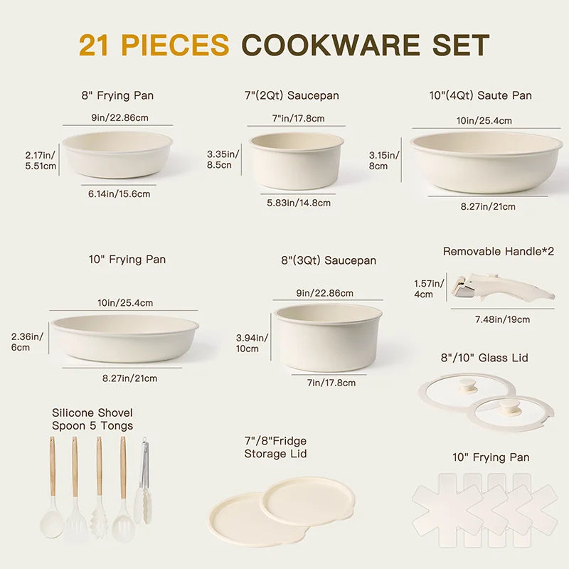 21-Piece Ceramic Cookware Set - Milky White Non-Stick Pots & Pans