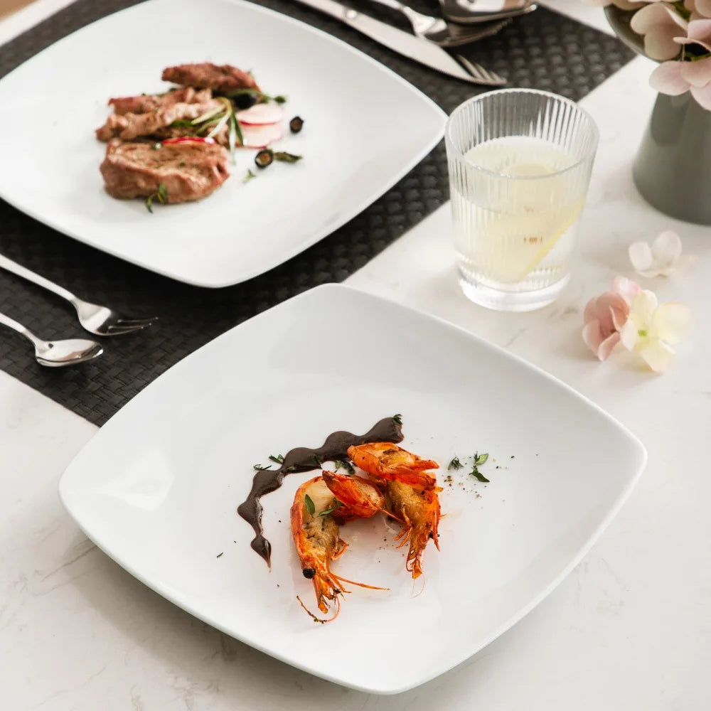 Elegant White Square Dinner Plates - 6/12 Piece Porcelain Set
