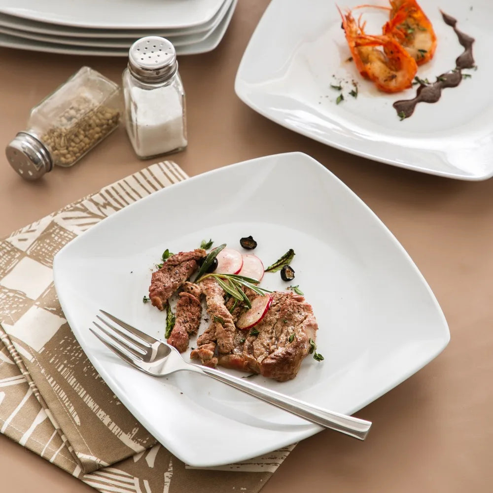 Elegant White Square Dinner Plates - 6/12 Piece Porcelain Set
