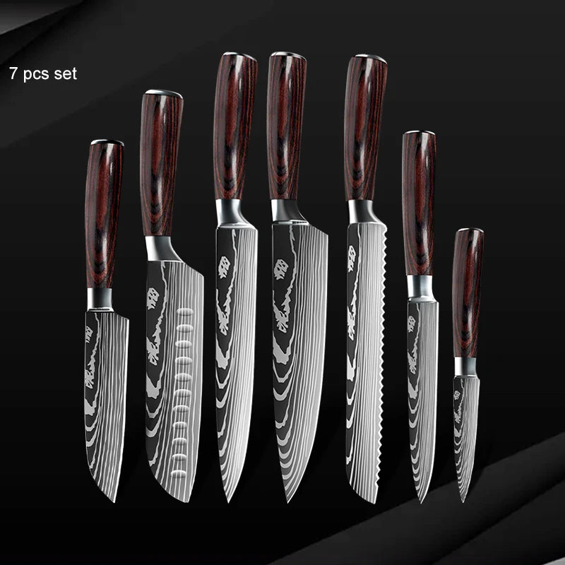 Damascus Steel Chef Knife Set: 7-Piece Kitchen Knife Block
