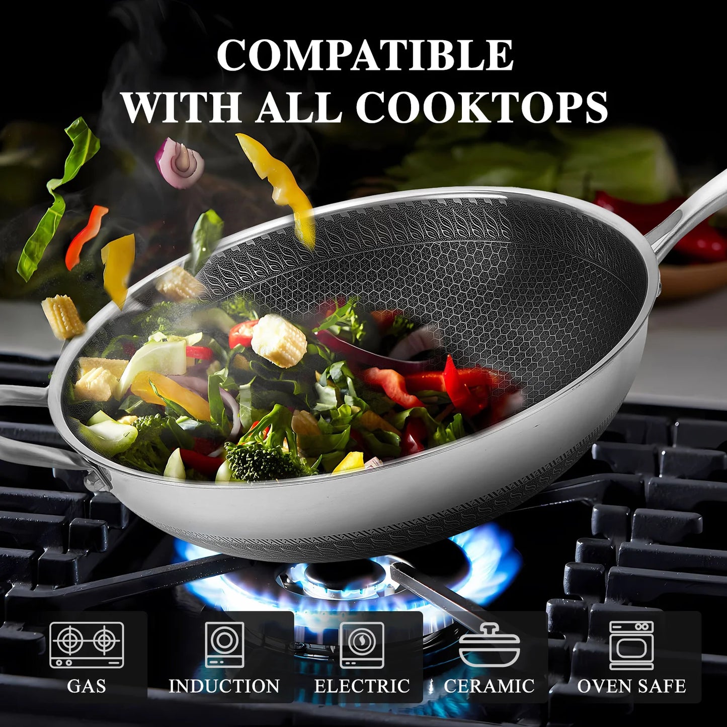 13-Inch Non-Stick Wok Pan with Lid – Stainless Steel Stir-Fry Pan for All Cooktops