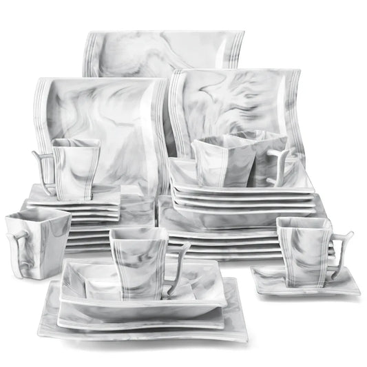 Elegant Marble Dinnerware Set - 30-Piece Porcelain Tableware