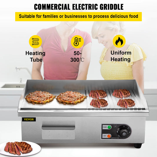 Commercial Electric Griddle | Heavy-Duty Cast Iron Countertop Flat Top Grill for Teppanyaki & Breakfast