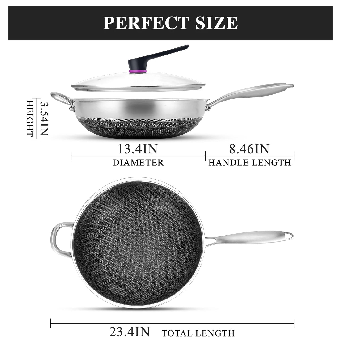 13-Inch Non-Stick Wok Pan with Lid – Stainless Steel Stir-Fry Pan for All Cooktops