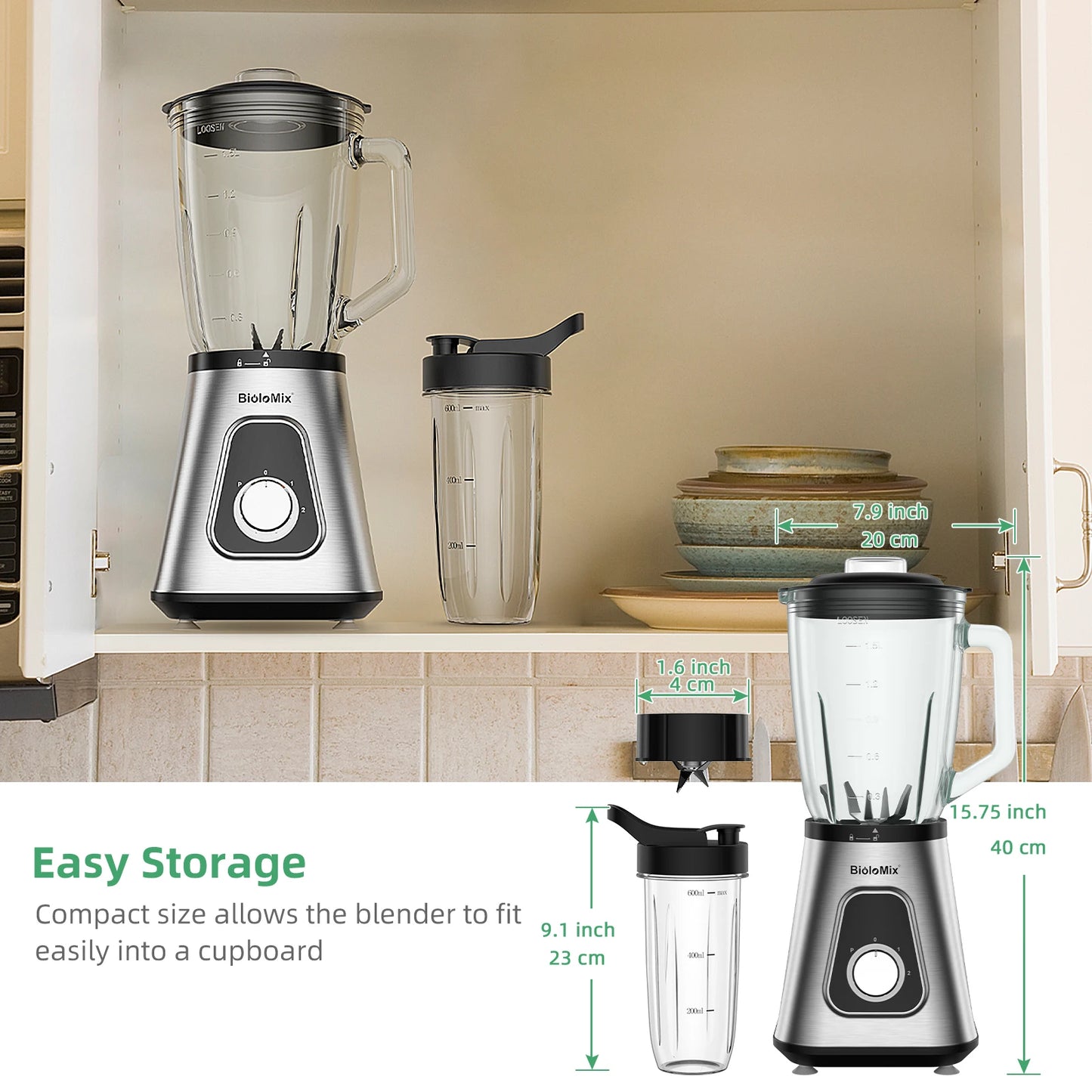 BioloMix Powerhouse 1300W Blender: 2-in-1 Smoothie Maker with Glass Jar