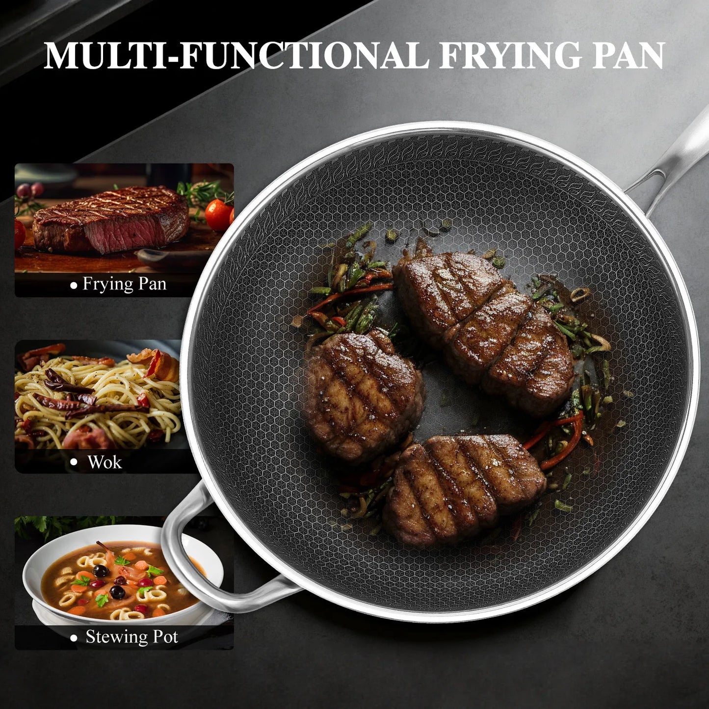 13-Inch Non-Stick Wok Pan with Lid – Stainless Steel Stir-Fry Pan for All Cooktops