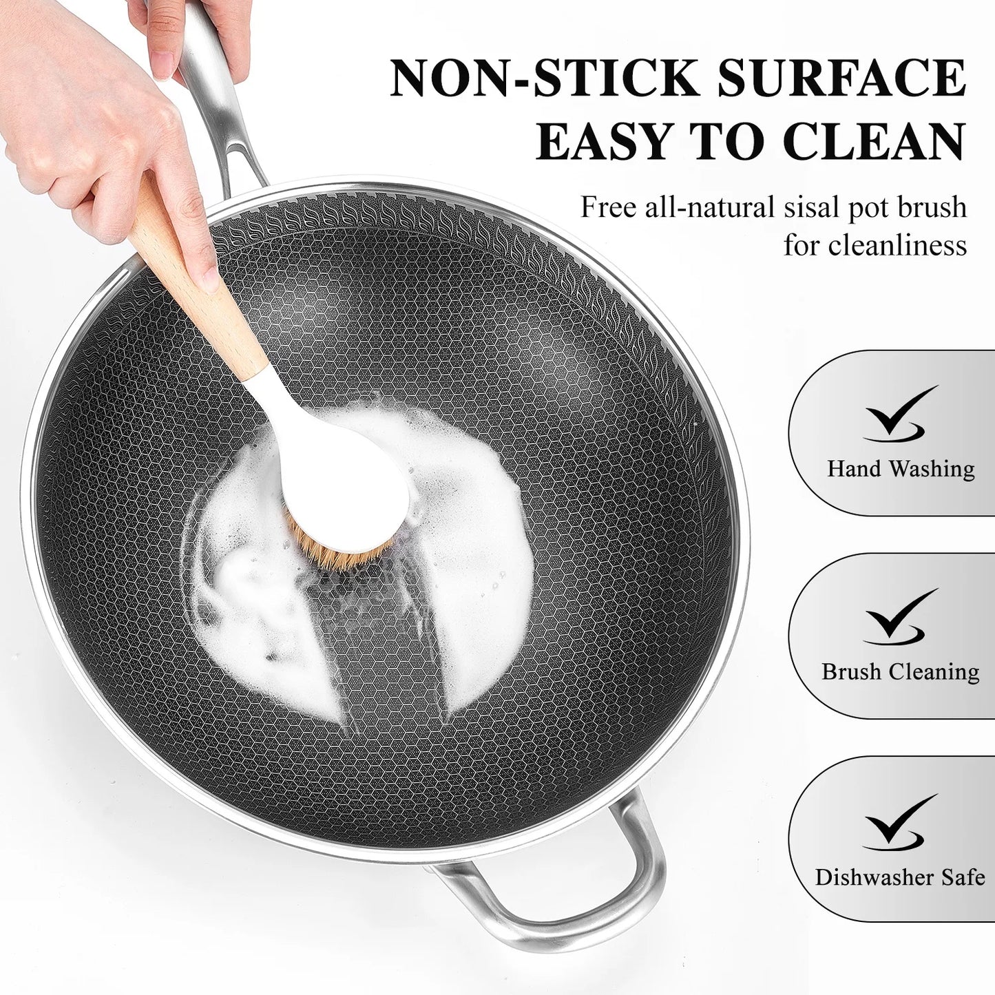 13-Inch Non-Stick Wok Pan with Lid – Stainless Steel Stir-Fry Pan for All Cooktops