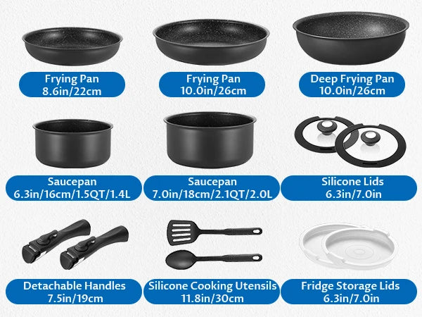 13-Piece Detachable Handle Induction  Cookware Set: Non-Stick Pots & Pans for All Stoves