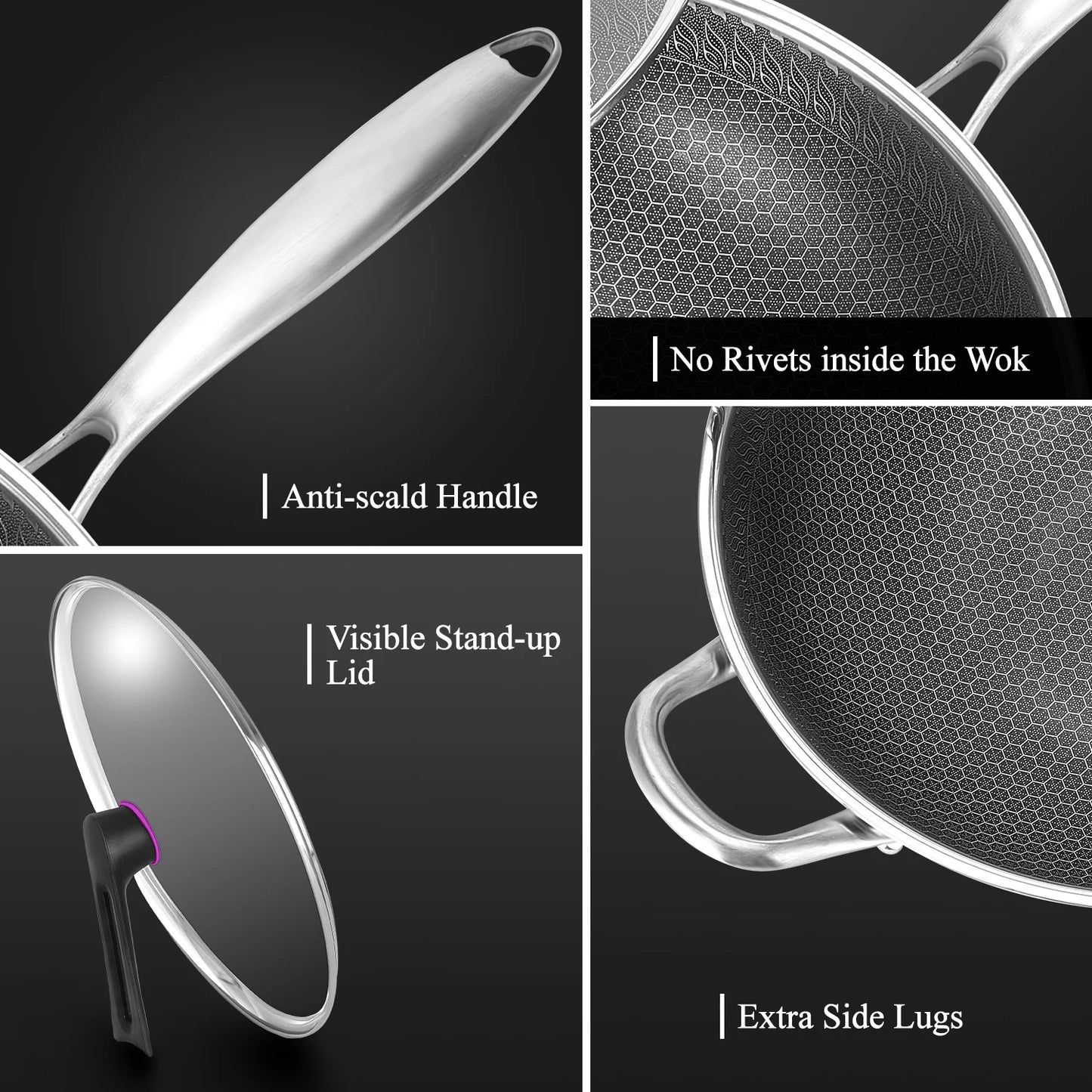 13-Inch Non-Stick Wok Pan with Lid – Stainless Steel Stir-Fry Pan for All Cooktops