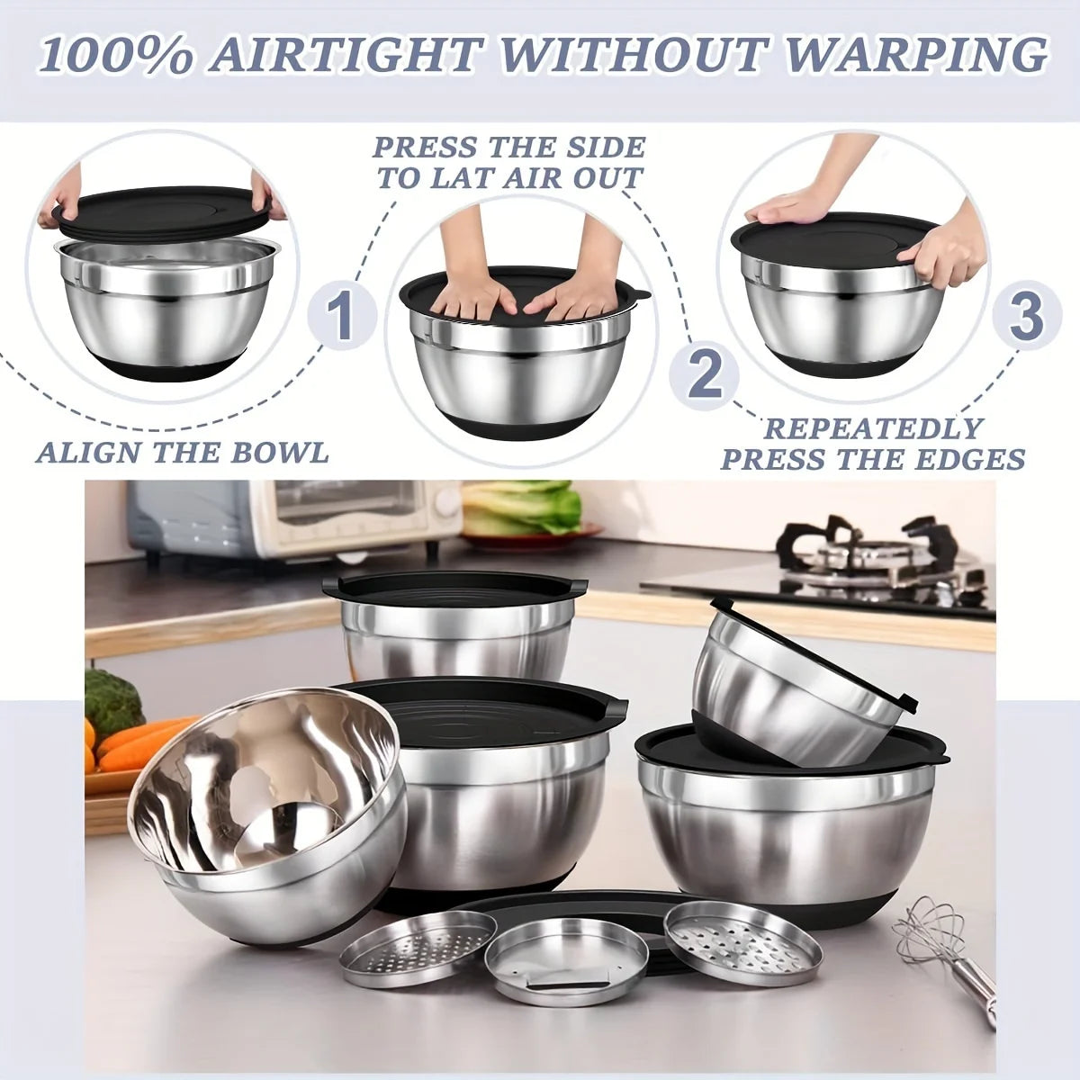 8-Piece Stainless Steel Mixing Bowl Set with Airtight Lids & Graters