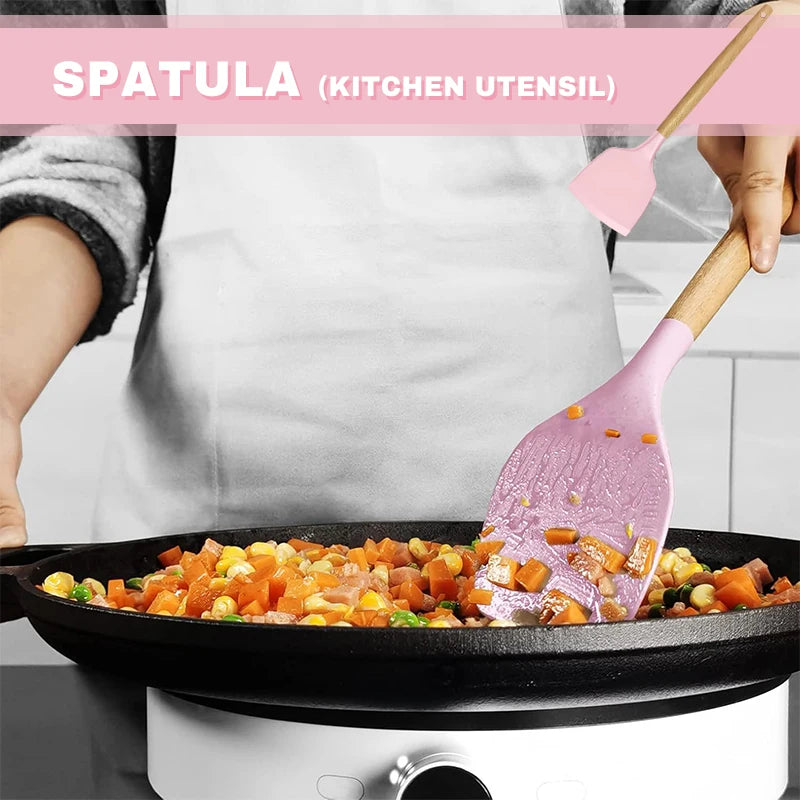 12-Piece Pink Silicone Kitchen Utensil Set with Wooden Handles