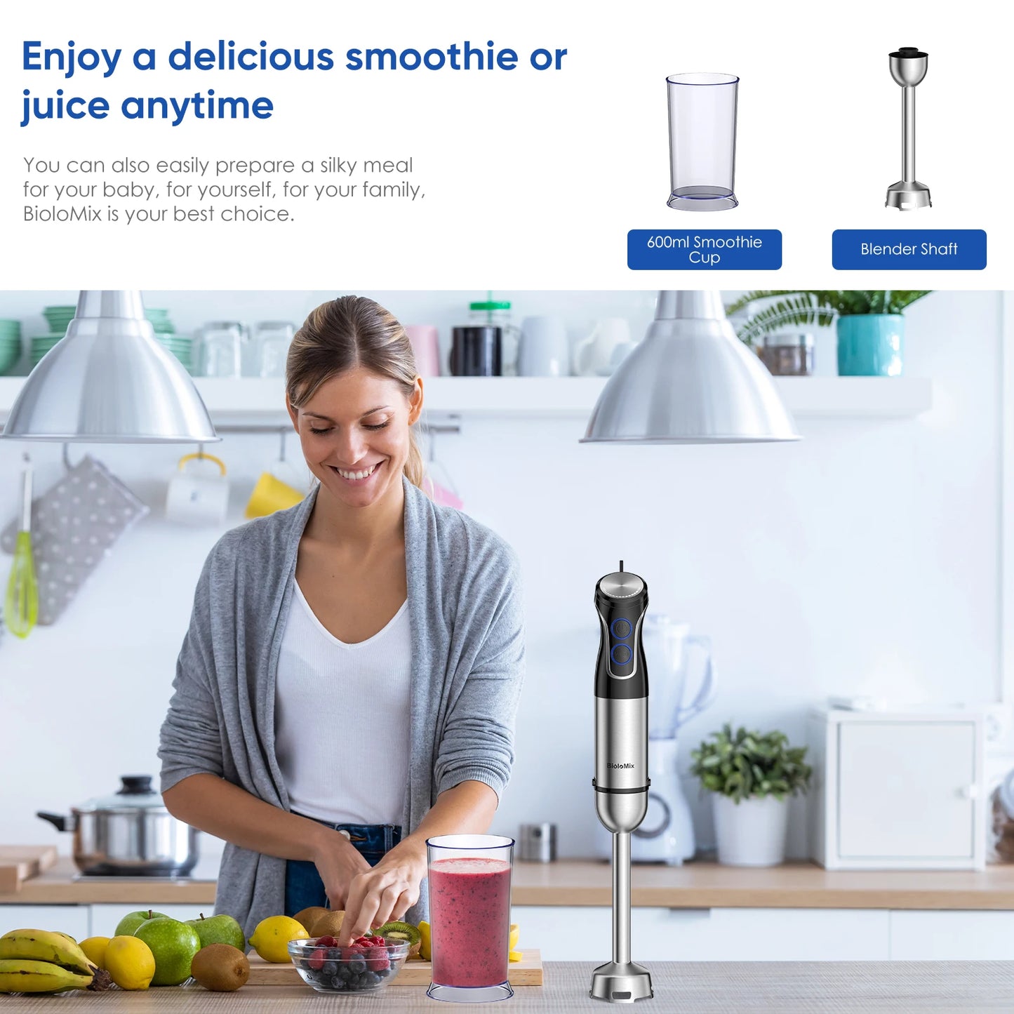 BioloMix 5-in-1 Immersion Blender: Powerful Hand Blender with Chopper, Whisk & Frother
