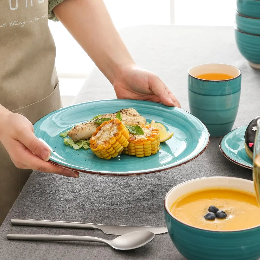 16-Piece Vintage Porcelain Dinnerware Set - Teal Ceramic Plates, Bowls & Mugs