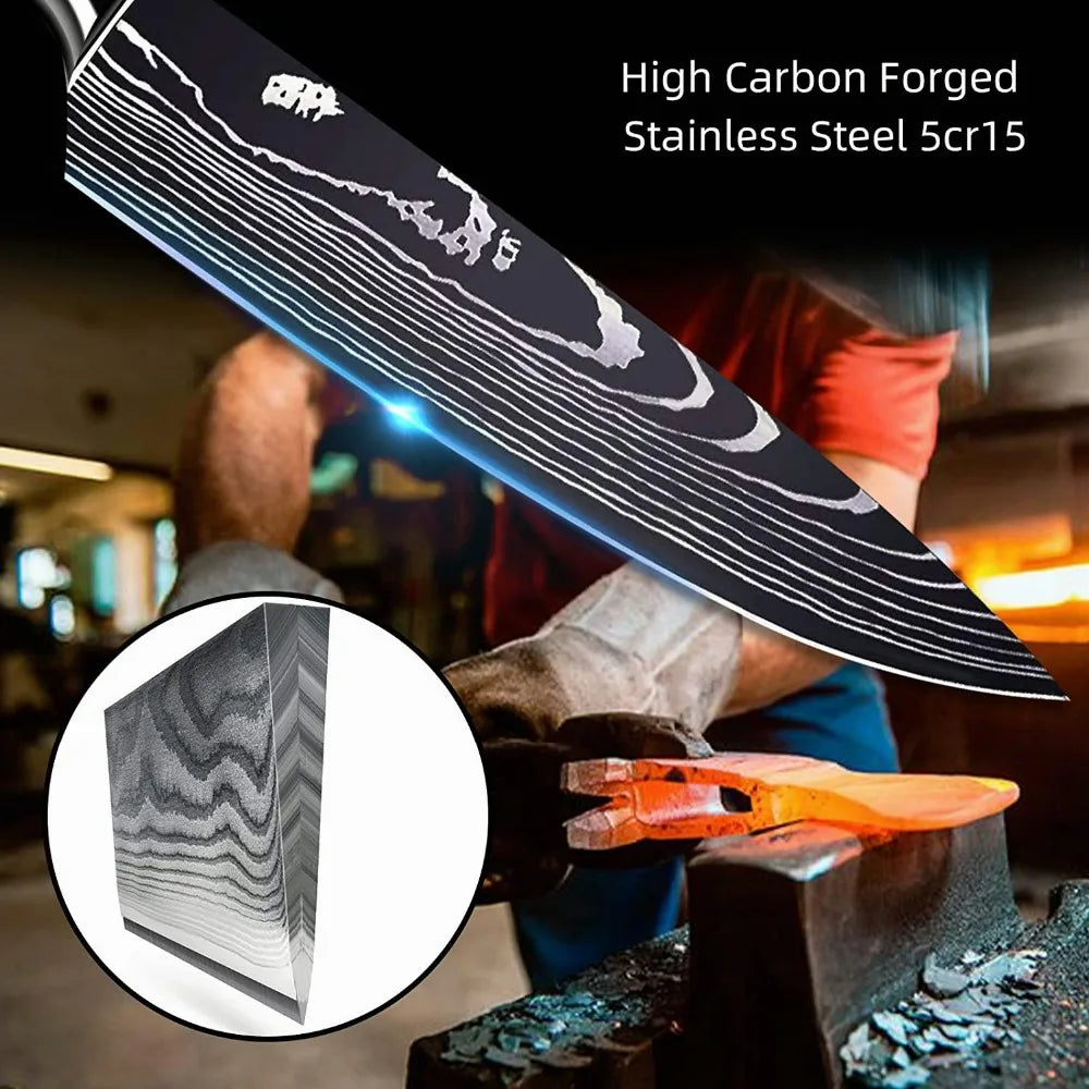 Damascus Steel Chef Knife Set: 7-Piece Kitchen Knife Block