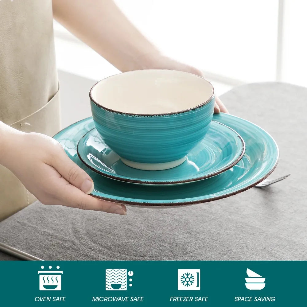 16-Piece Vintage Porcelain Dinnerware Set - Teal Ceramic Plates, Bowls & Mugs